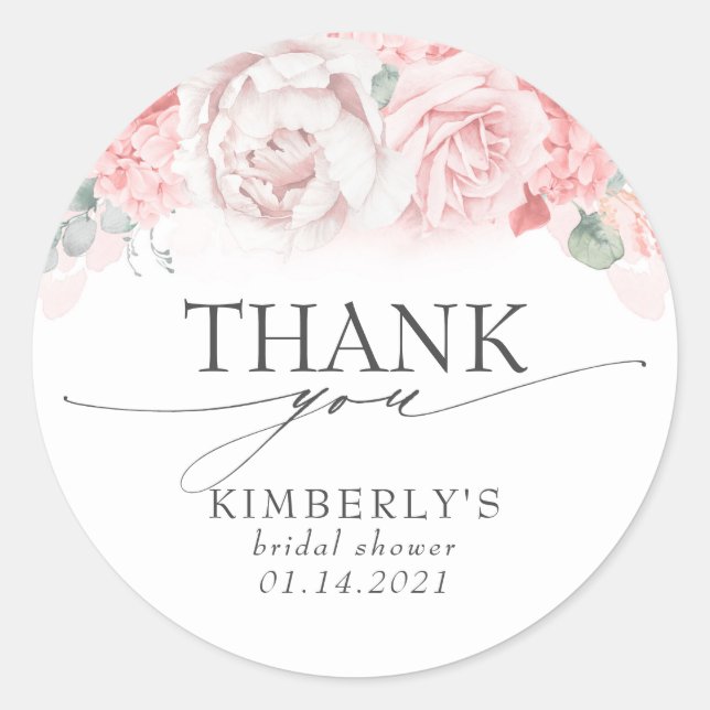 Soft Pink Flowers Elegant Thank You Classic Round Sticker (Front)