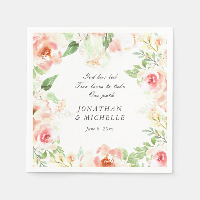 Soft Pink Flowers Greenery Inspirational Wedding Napkin (Front)