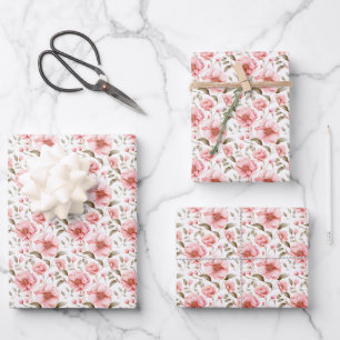 Soft Pink Flowers on White Wrapping Paper Sheet