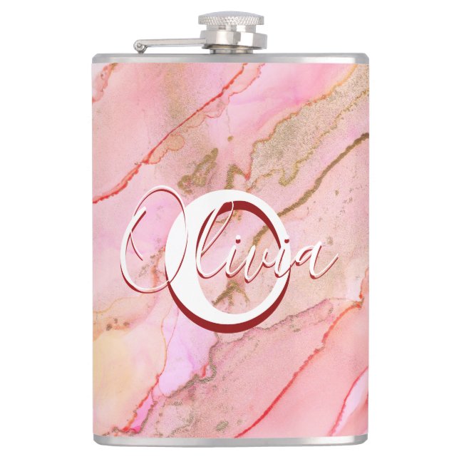 Soft Pink Fluid Alcohol Ink Hip Flask (Front)