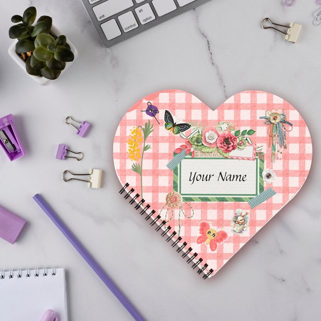Soft Pink Gingham Cute Elements Heart Shaped Notebook (Creator Uploaded)