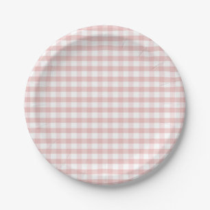 Soft Pink Gingham Plaid Birthday Baby Shower Paper Plate
