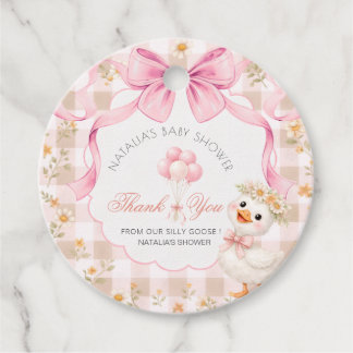soft pink gingham Silly goose Bow Baby Shower Favour Tags