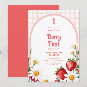 Soft Pink Gingham Strawberries Daisy 1st Birthday Invitation