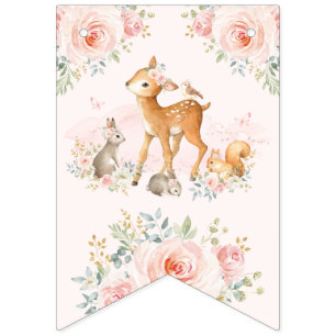 Soft Pink Girl Woodland Animals Floral Birthday Bunting