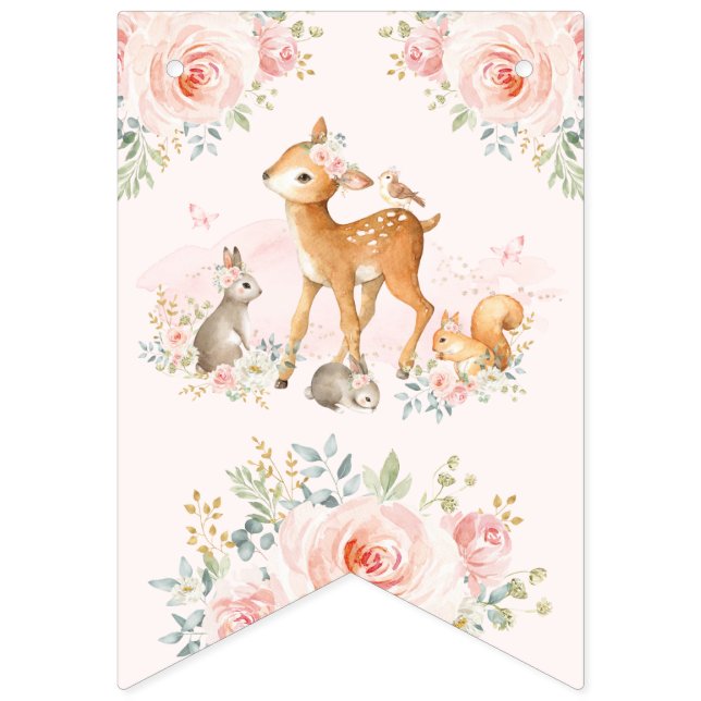 Soft Pink Girl Woodland Animals Floral Birthday Bunting (First Flag)