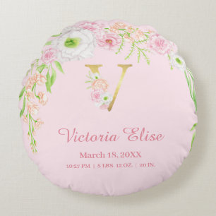 Soft Pink Gold Monogram "V" Baby Girl Stats Round Cushion