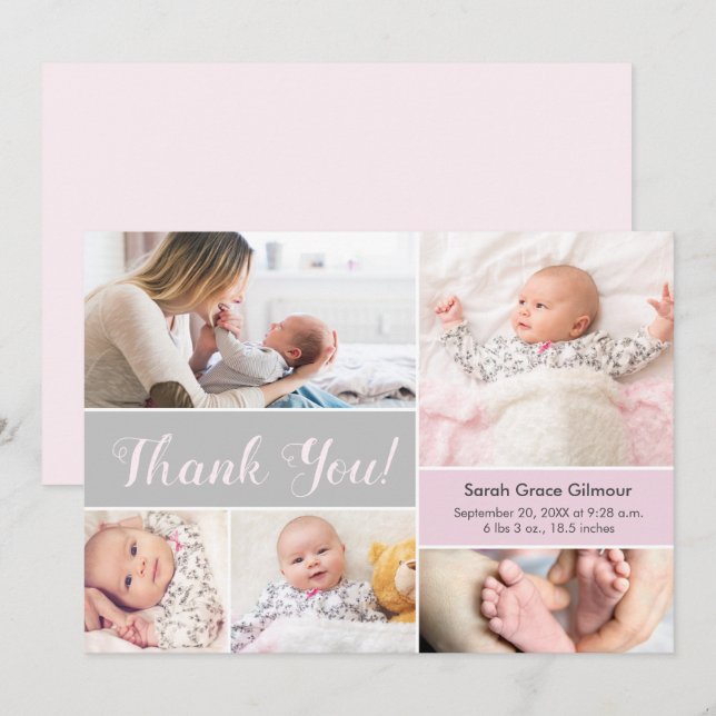 Soft Pink Gray Custom baby girl photo collage  Thank You Card (Front/Back)