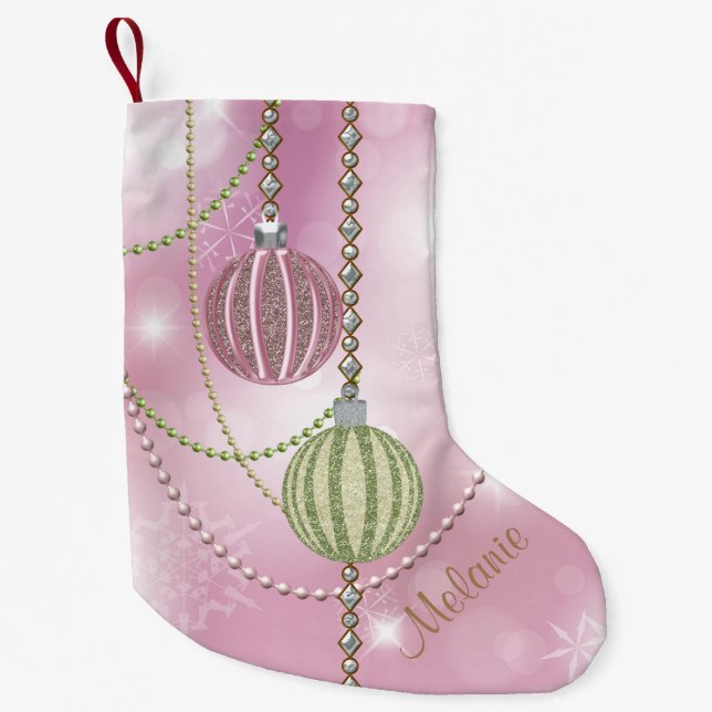 Soft Pink & Green Faux Glitter Ornament Balls Small Christmas Stocking (Front)