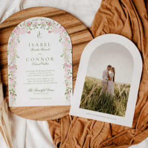 Soft Pink Green Floral Arch Wedding Invitation