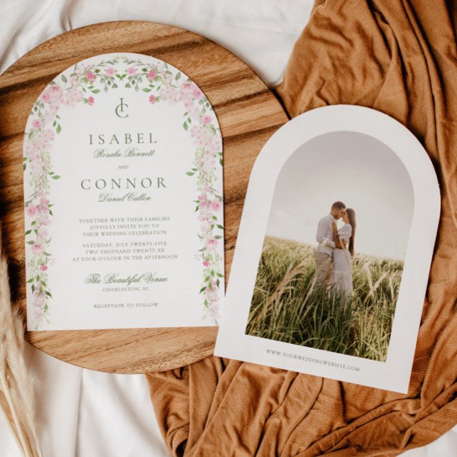 Soft Pink Green Floral Arch Wedding Invitation (Creator Uploaded)