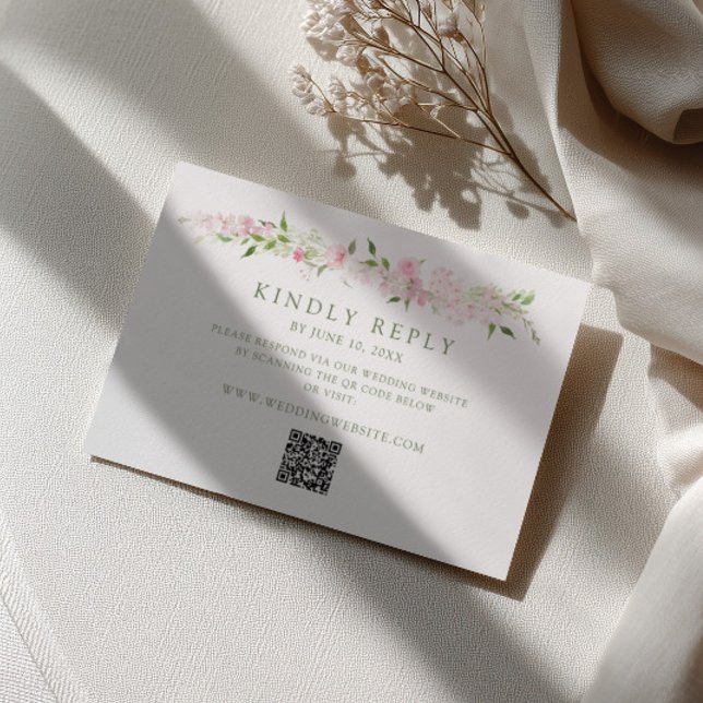 Soft Pink Green Floral Border Wedding QR Code RSVP Card (Creator Uploaded)