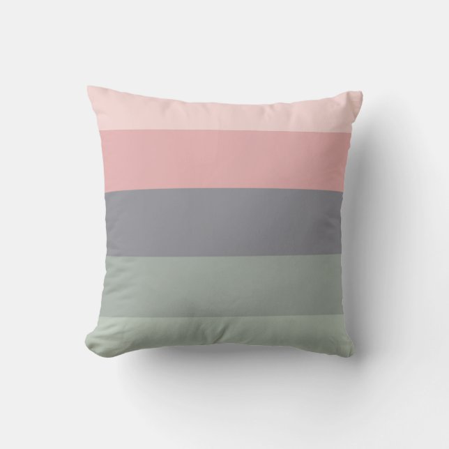 Soft Pink Green Grey Horizontal Striped Cushion (Front)