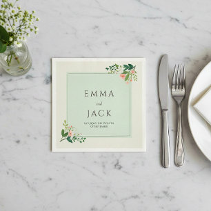 Soft pink greenery names and date wedding napkin