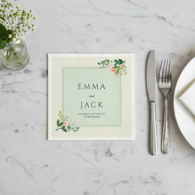 Soft pink greenery names and date wedding napkin (Botanical frame, green wedding napkin with bride and groom names.)