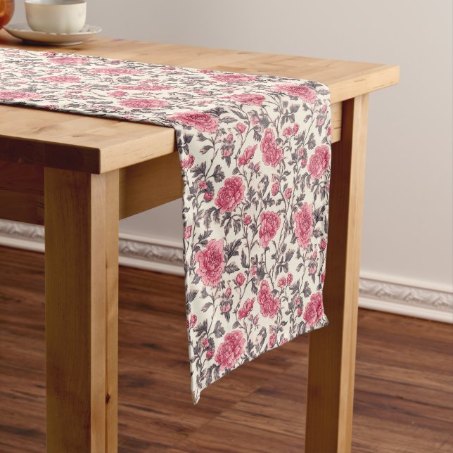 Soft Pink & Grey Floral Elegance Long Table Runner (In Situ)