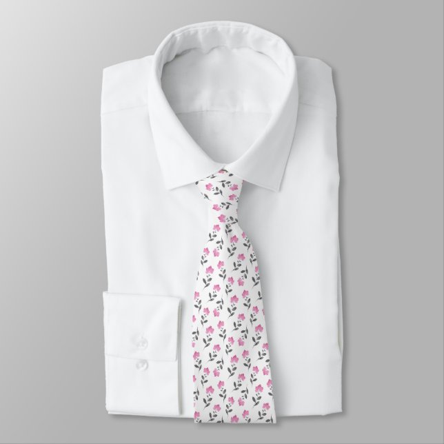Soft Pink Grey Floral Pattern Tie (Tied)