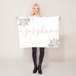 Soft Pink Grey whimsical floral watercolor Name Fleece Blanket