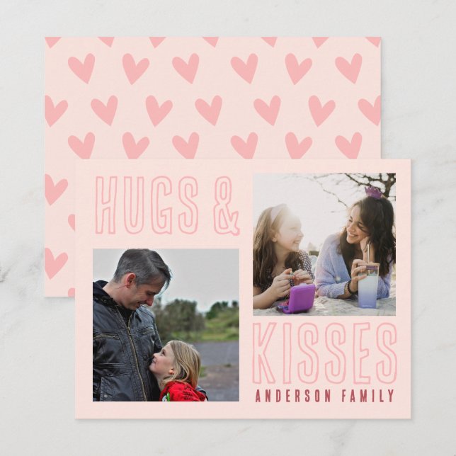 Soft Pink Hugs & Kisses 2 Family Photo Valentine Holiday Card (Front/Back)