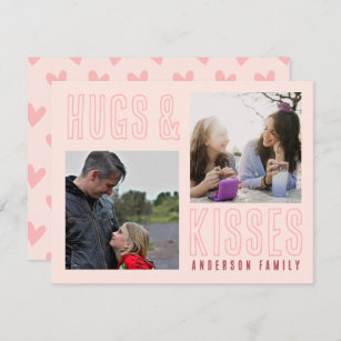 Soft Pink Hugs & Kisses 2 Family Photo Valentine Holiday Card