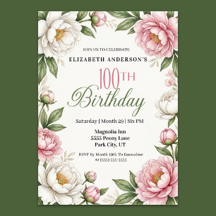 Soft Pink Magnolia and Peony 100th Birthday  Invitation