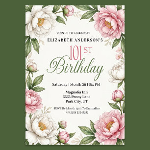 Soft Pink Magnolia and Peony 101st Birthday  Invitation