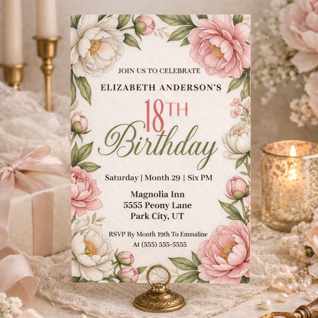 Soft Pink Magnolia and Peony 18th Birthday  Invitation (Creator Uploaded)