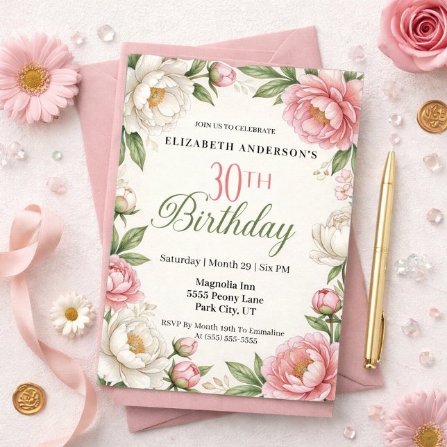 Soft Pink Magnolia and Peony 30th Birthday  Invitation (Creator Uploaded)