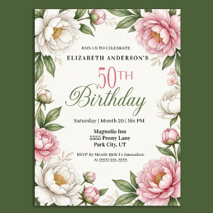 Soft Pink Magnolia and Peony 50th Birthday  Invitation