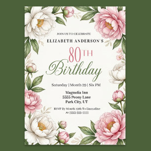 Soft Pink Magnolia and Peony 80th Birthday  Invitation