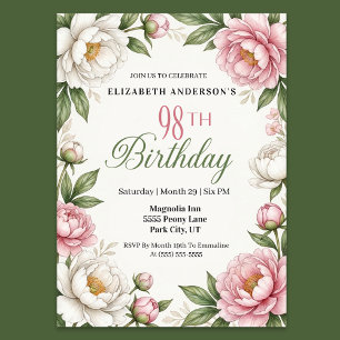 Soft Pink Magnolia and Peony 98th Birthday  Invitation