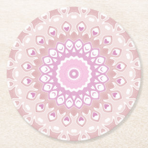 Soft Pink Mandala with Heart and Petal Motifs Round Paper Coaster