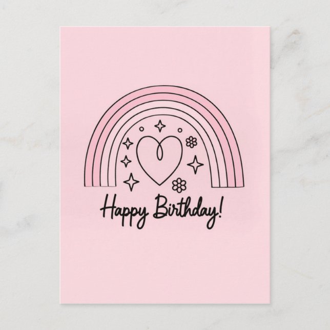 Soft pink minimalist heart with rainbow birthday postcard (Front)