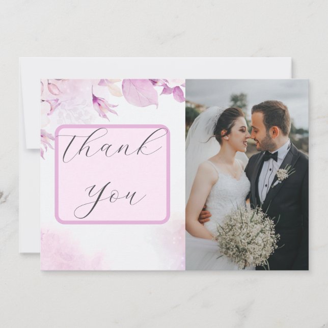 Soft Pink Modern Boho Floral Photo Thank You Card (Front)