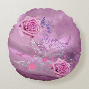 Soft Pink Music Notes & Roses Round Pillow