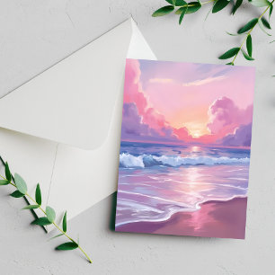 Soft Pink Ocean Waves Pastel Sun Watercolor Card