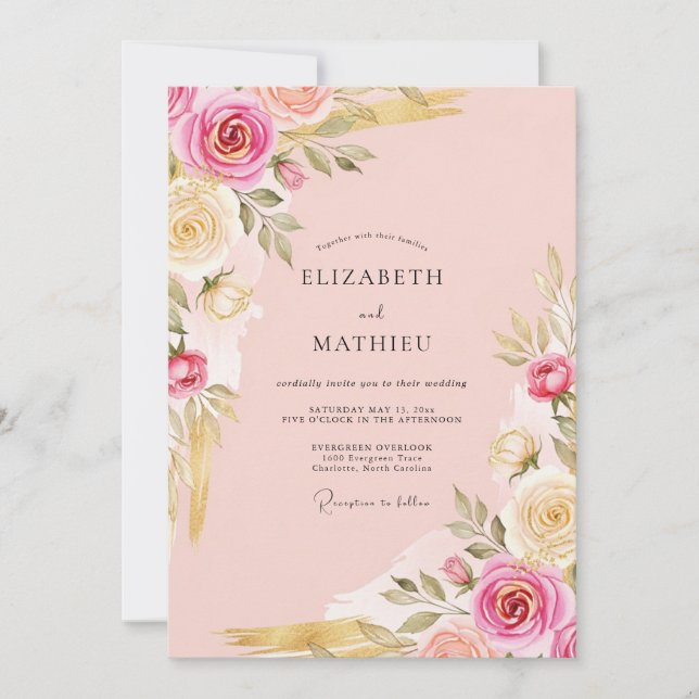 Soft Pink Ornate Botanical Wedding Invitation (Front)