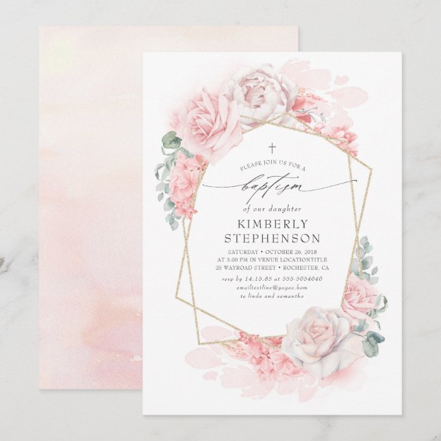 Soft Pink Pastel Flowers Elegant Modern Baptism Invitation (Front/Back)