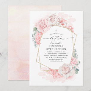 Soft Pink Pastel Flowers Elegant Modern Baptism Invitation