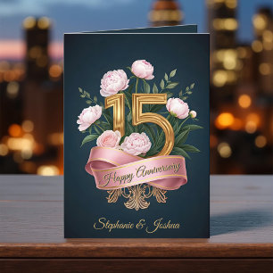 Soft Pink Peonies & Gold 15th Wedding Anniversary Card