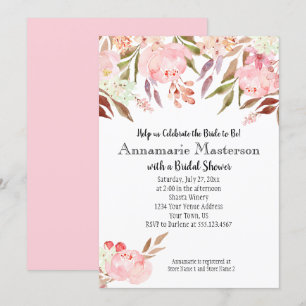 Soft Pink Peonies Wildflowers Leaves Bridal Shower Invitation