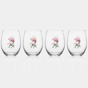 Soft Pink Peony & Eucalyptus Floral Wedding Stemless Wine Glass