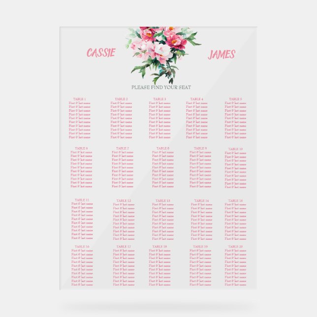 Soft Pink Peony & Eucalyptus Wedding Seating Chart (Front)