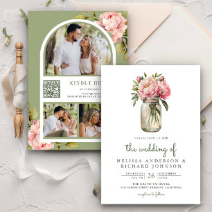 Soft Pink Peony Flowers Mason Jar QR Code Wedding Invitation