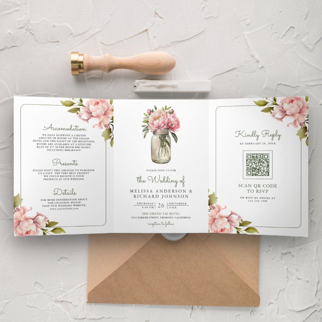 Soft Pink Peony Flowers Mason Jar QR Code Wedding Tri-Fold Invitation (Creator Uploaded)