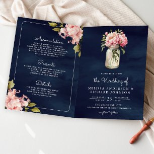 Soft Pink Peony Mason Jar QR Code Navy Wedding Invitation