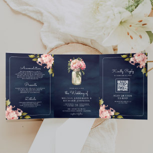 Soft Pink Peony Mason Jar QR Code Navy Wedding Tri-Fold Invitation