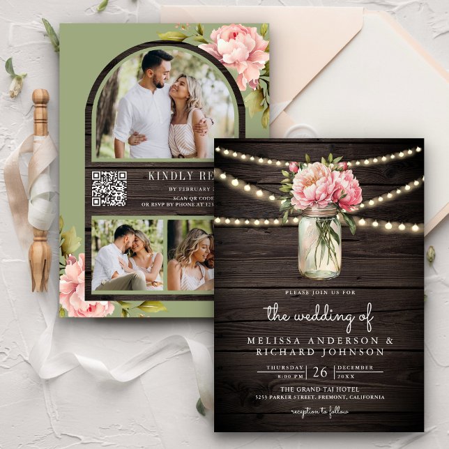 Soft Pink Peony Mason Jar QR Code Wood Wedding Invitation (Creator Uploaded)