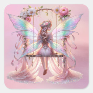 Soft Pink Peony Swing Fairy Princess Girls Square Sticker