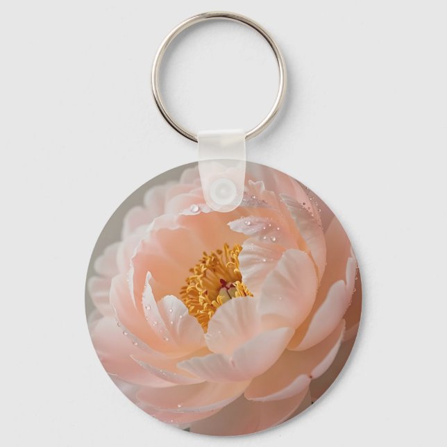 Soft Pink Peony with Dewdrops Key Ring (Front)